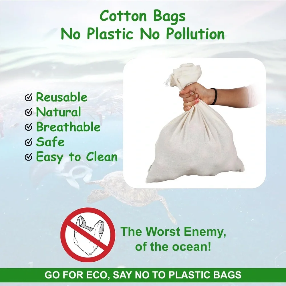 Reusable Cotton Storage Produce Bags With Drawstrings, Muslin Bags